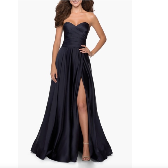 NEW LA FEMME Navy STRAPLESS Sweetheart PLEATED Satin HIGH SLIT Evening BALL GOWN - Picture 10 of 16